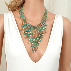 Boho Turquoise Orange Beaded Fringe Bib Statement Necklace Handmade Festival